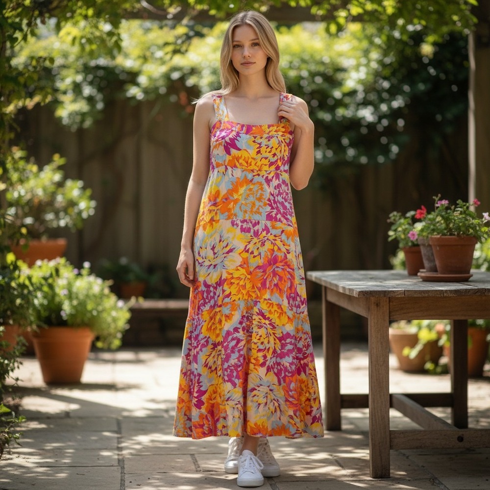 NEW MSK Floral Maxi Tank Dress Pink Orange Yellow Viscose Smocked Back Flowy‎